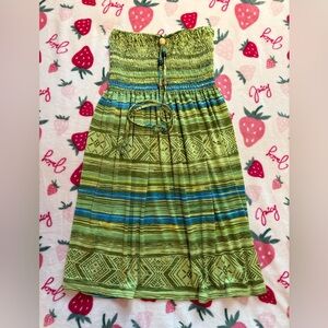 Vintage Boho Smocked Mini Dress – Olive Green Tribal Print